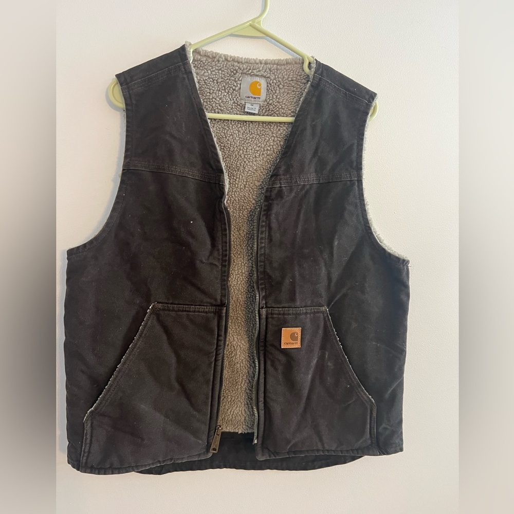 Carhartt Vest Dark Brown Zip Up Sandstone Sherpa Lined medium V26 DKB